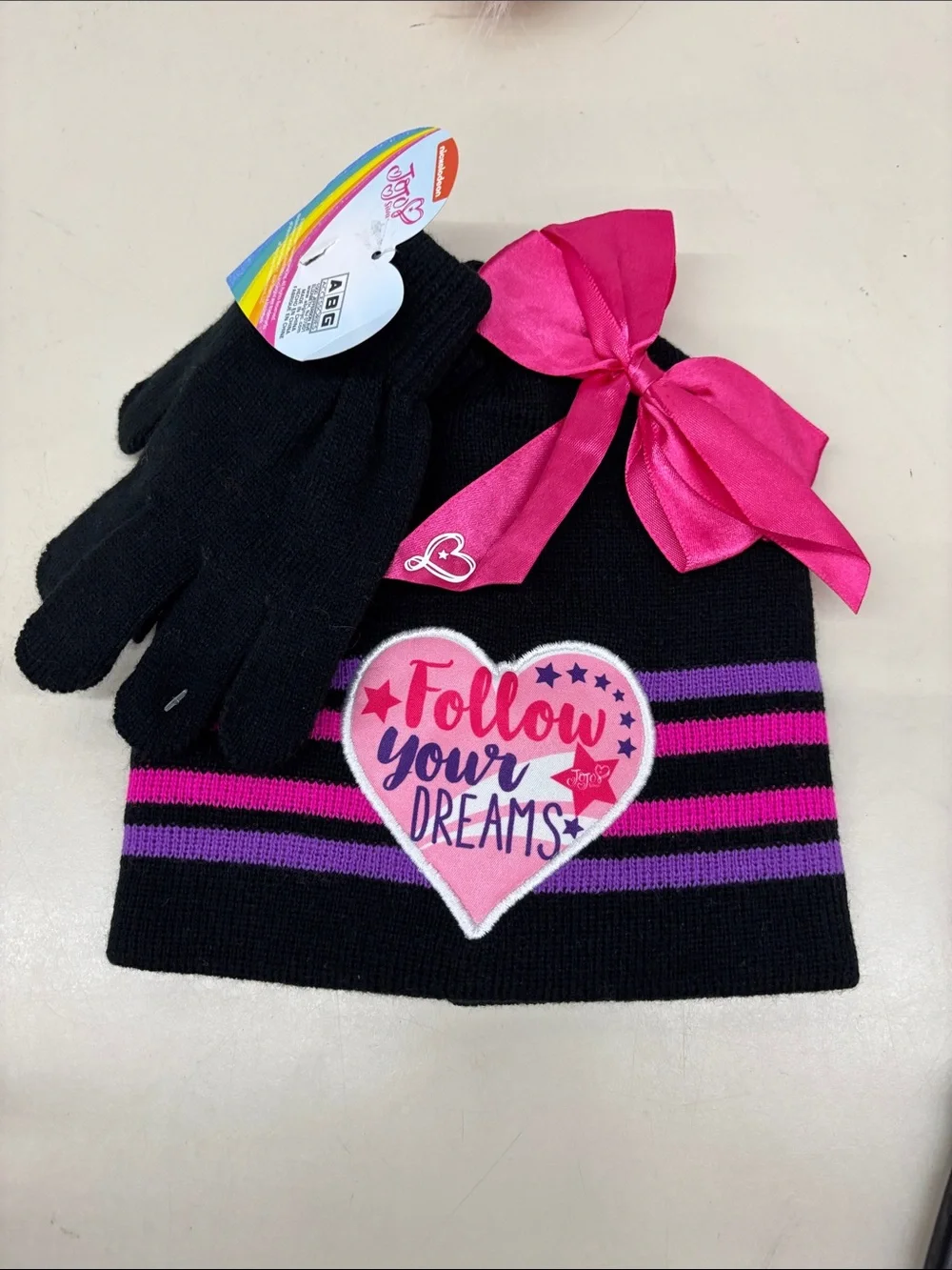 NWT Nickelodeon Black Knit Jojo Siwa Beanie set With Matching Black Gloves